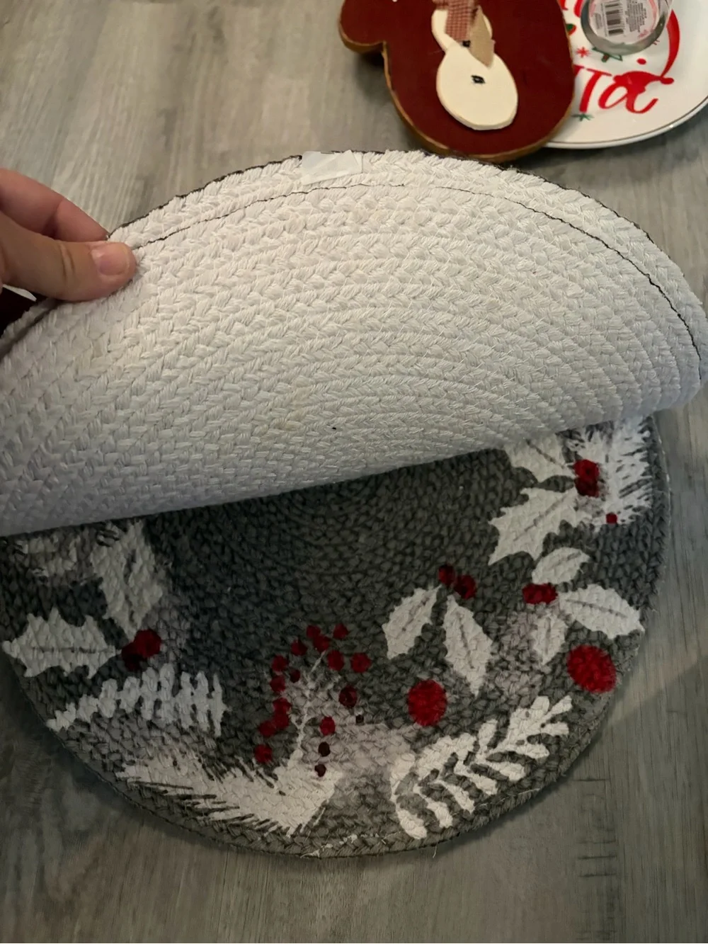 Gray Holiday Wreath Braided Table Mats (3)  with White Leaves and Red Berries